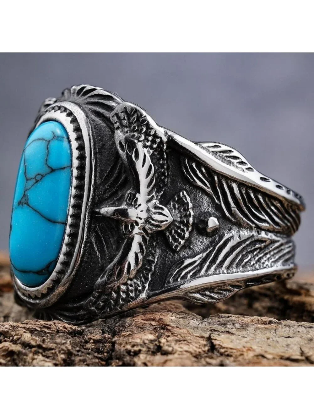 Men's Vintage Turquoise Titanium Steel Ring with Eagle Design - Western Biker